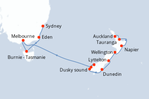 Carte itinéraire croisière Nouvelle-Zélande, Australie - 12 jours au départ de Auckland - Australie Nouvelle Zélande