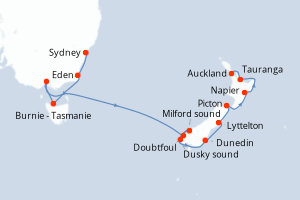 Carte itinéraire croisière Australie, Nouvelle-Zélande - 12 jours au départ de Sydney - Australie Nouvelle Zélande