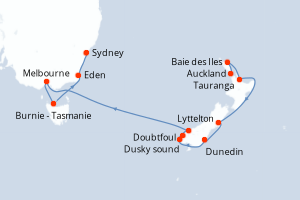 Carte itinéraire croisière Nouvelle-Zélande, Australie - 12 jours au départ de Auckland - Australie Nouvelle Zélande