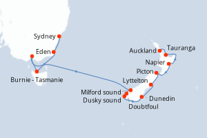 Carte itinéraire croisière Australie, Nouvelle-Zélande - 12 jours au départ de Sydney - Australie Nouvelle Zélande