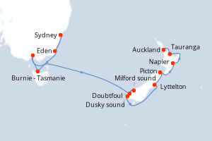 Carte itinéraire croisière Australie, Nouvelle-Zélande - 12 jours au départ de Sydney - Australie Nouvelle Zélande