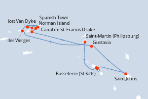 Carte itinéraire croisière Antigua à Antigua - 7 jours au départ de Saint Johns - Caraïbes Bahamas