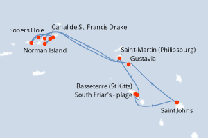 Carte itinéraire croisière Antigua à Antigua - 7 jours au départ de Saint Johns - Caraïbes Bahamas