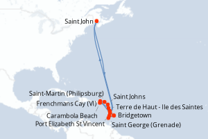 Carte itinéraire croisière Pays-Bas, Royaume-Uni, Antigua-et-Barbuda, Saint Vincent-et-les-Grenadines, Grenade, Barbade, France, Canada, Sainte-Lucie - 14 jours au départ de Saint-Martin (Philipsburg) - Caraïbes Bahamas