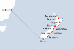 Carte itinéraire croisière Nouvelle-Zélande, Australie - 15 jours au départ de Auckland - Australie Nouvelle Zélande