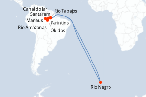 Carte itinéraire croisière L Amazonie Douce et le Rio Tapajos - Croisière envoutante et intimiste vers les plus belles plages de l Amazone - 10 jours au départ de Manaus - Brésil