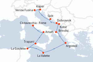 Carte itinéraire croisière Italie, Tunisie, Malte, Grèce, Monténégro, Croatie, Slovénie - 13 jours au départ de Civitavecchia - Rome - Méditerranée