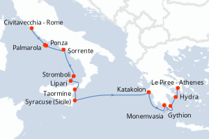 Carte itinéraire croisière Rome à Athènes - 11 jours au départ de Civitavecchia - Rome - Méditerranée