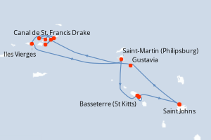 Carte itinéraire croisière Antigua à Antigua - 7 jours au départ de Saint Johns - Caraïbes Bahamas