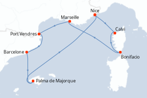 Carte itinéraire croisière Eclipse solaire totale en mer Méditerranée - 8 jours au départ de Nice - Méditerranée