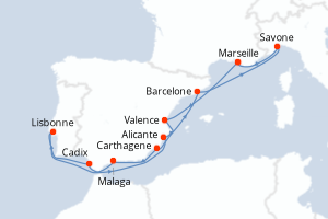 Carte itinéraire croisière France, Espagne, Portugal, Italie - 11 jours au départ de Marseille - Méditerranée