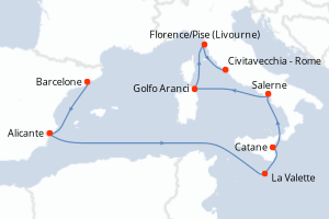 Carte itinéraire croisière Espagne, Malte, Italie - 9 jours au départ de Barcelone - Méditerranée