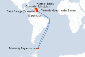 Carte itinéraire croisière Antigua à Grenade - 10 jours au départ de Saint Johns - Caraïbes Bahamas