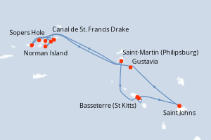 Carte itinéraire croisière Antigua à Antigua - 7 jours au départ de Saint Johns - Caraïbes Bahamas