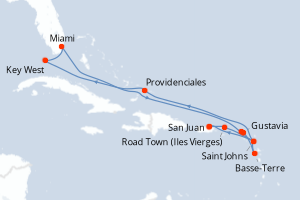 Carte itinéraire croisière Porto Rico, Royaume-Uni, Antigua-et-Barbuda, France, États-Unis, Pays-Bas - 14 jours au départ de San Juan - Caraïbes Bahamas