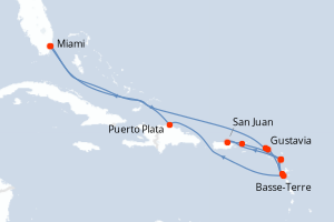 Carte itinéraire croisière États-Unis, Pays-Bas, Royaume-Uni, France, Antigua-et-Barbuda, Porto Rico, République Dominicaine - 14 jours au départ de Miami - Caraïbes Bahamas