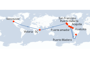 Carte itinéraire croisière Panama, France, Guatemala, Argentine, Mexique, États-Unis, Seychelles, Canada - 18 jours au départ de Fuerte amador - Alaska
