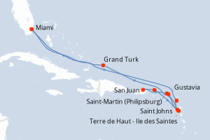 Carte itinéraire croisière États-Unis, Antigua-et-Barbuda, France, Pays-Bas, Porto Rico, Royaume-Uni - 14 jours au départ de Miami - Caraïbes Bahamas