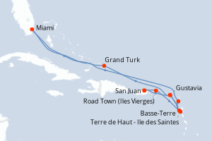 Carte itinéraire croisière Porto Rico, Royaume-Uni, France, États-Unis, Antigua-et-Barbuda - 14 jours au départ de San Juan - Caraïbes Bahamas