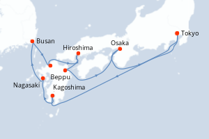 Carte itinéraire croisière Japon, Corée du Sud - 10 jours au départ de Tokyo - Asie
