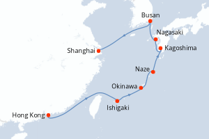 Carte itinéraire croisière Chine, Japon, Corée du Sud - 9 jours au départ de Hong Kong - Asie