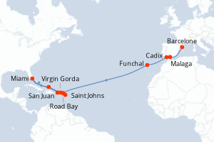 Carte itinéraire croisière Porto Rico, Antigua-et-Barbuda, Royaume-Uni, États-Unis, Pays-Bas, Portugal, Espagne - 23 jours au départ de San Juan - Transatlantique