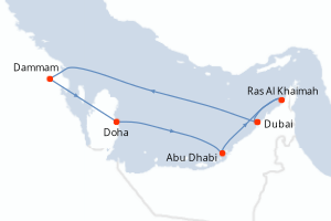 Carte itinéraire croisière Emirats Arabes Unis, Arabie Saoudite, Qatar - 7 jours au départ de Dubai - Moyen-Orient Dubaï