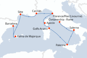 Carte itinéraire croisière Espagne, France, Italie - 9 jours au départ de Barcelone - Méditerranée