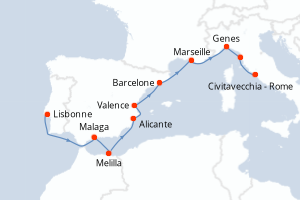 Carte itinéraire croisière Portugal, Espagne, France, Italie - 10 jours au départ de Lisbonne - Méditerranée