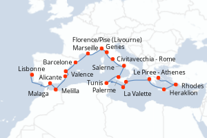 Carte itinéraire croisière Portugal, Espagne, France, Italie, Tunisie, Malte, Grèce - 19 jours au départ de Lisbonne - Méditerranée