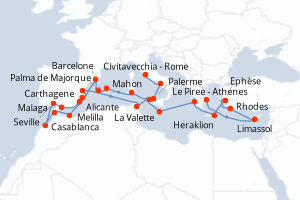 Carte itinéraire croisière Chypre, Turquie, Grèce, Malte, Espagne, Maroc, Tunisie, Italie - 26 jours au départ de Le Piree - Athenes - Méditerranée