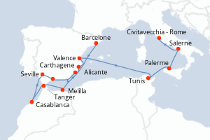 Carte itinéraire croisière Espagne, Maroc, Tunisie, Italie - 14 jours au départ de Barcelone - Méditerranée