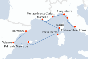 Carte itinéraire croisière Espagne, France, Monaco, Italie - 10 jours au départ de Barcelone - Méditerranée