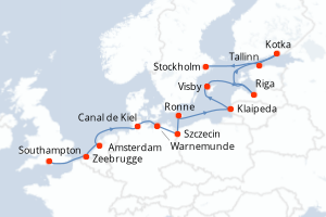 Carte itinéraire croisière Royaume-Uni, Belgique, Pays-Bas, Allemagne, Pologne, Danemark, Lituanie, Lettonie, Finlande, Estonie, Suède - 14 jours au départ de Southampton - Europe du Nord