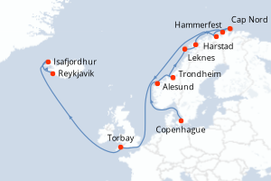 Carte itinéraire croisière Danemark, Norvège, Royaume-Uni, Islande - 13 jours au départ de Copenhague - Europe du Nord
