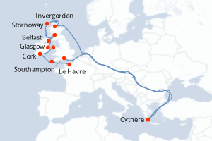 Carte itinéraire croisière Royaume-Uni, Grèce, Irlande, France - 11 jours au départ de Southampton - Europe du Nord