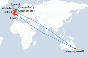 Carte itinéraire croisière Royaume-Uni, Australie, Irlande - 12 jours au départ de Southampton - Europe du Nord