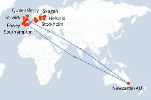 Carte itinéraire croisière Royaume-Uni, Australie, Irlande, Danemark, Suède, Finlande, Estonie, Lettonie, Allemagne - 26 jours au départ de Southampton - Europe du Nord
