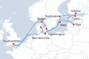 Carte itinéraire croisière Royaume-Uni, Danemark, Suède, Finlande, Estonie, Lettonie, Allemagne - 14 jours au départ de Southampton - Europe du Nord