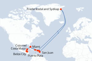 Carte itinéraire croisière États-Unis, République Dominicaine, Porto Rico, Gröenland, France, Pays-Bas, Mexique, Belize, Honduras - 17 jours au départ de Miami - Caraïbes Bahamas