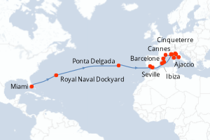 Carte itinéraire croisière États-Unis, Royaume-Uni, Portugal, Espagne, Italie, France, Monaco - 23 jours au départ de Miami - Transatlantique