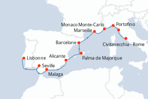 Carte itinéraire croisière Portugal, Espagne, France, Monaco, Italie - 12 jours au départ de Lisbonne - Méditerranée