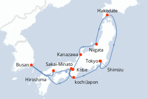 Carte itinéraire croisière Corée du Sud, Japon - 11 jours au départ de Tokyo - Asie