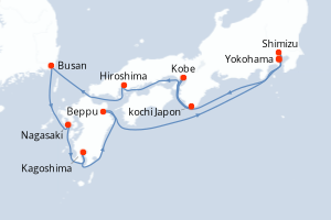 Carte itinéraire croisière Corée du Sud, Japon - 11 jours au départ de Yokohama - Asie
