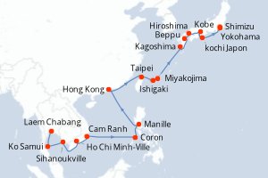 Carte itinéraire croisière Thaïlande, Cambodge, Vietnam, Philippines, Chine, Taïwan, Japon - 24 jours au départ de Laem Chabang - Asie