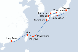 Carte itinéraire croisière Chine, Taïwan, Japon - 12 jours au départ de Hong Kong - Asie