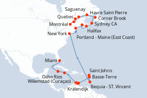 Carte itinéraire croisière Canada, États-Unis, Saint Vincent-et-les-Grenadines, Antigua-et-Barbuda, France, Pays-Bas, Jamaïque, Caïmans (Îles) - 27 jours au départ de Montréal - Caraïbes Bahamas