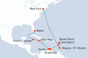 Carte itinéraire croisière États-Unis, Saint Vincent-et-les-Grenadines, Antigua-et-Barbuda, France, Pays-Bas, Jamaïque, Caïmans (Îles) - 15 jours au départ de New York - Caraïbes Bahamas