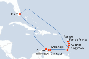 Carte itinéraire croisière États-Unis, Pays-Bas, Grenade, Sainte-Lucie, France, Dominique, Saint Vincent-et-les-Grenadines - 14 jours au départ de Miami - Caraïbes Bahamas