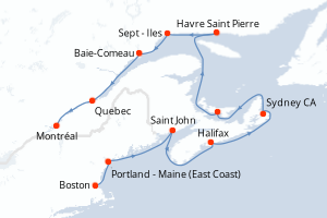 Carte itinéraire croisière États-Unis, Canada - 11 jours au départ de Boston - Amérique du Nord